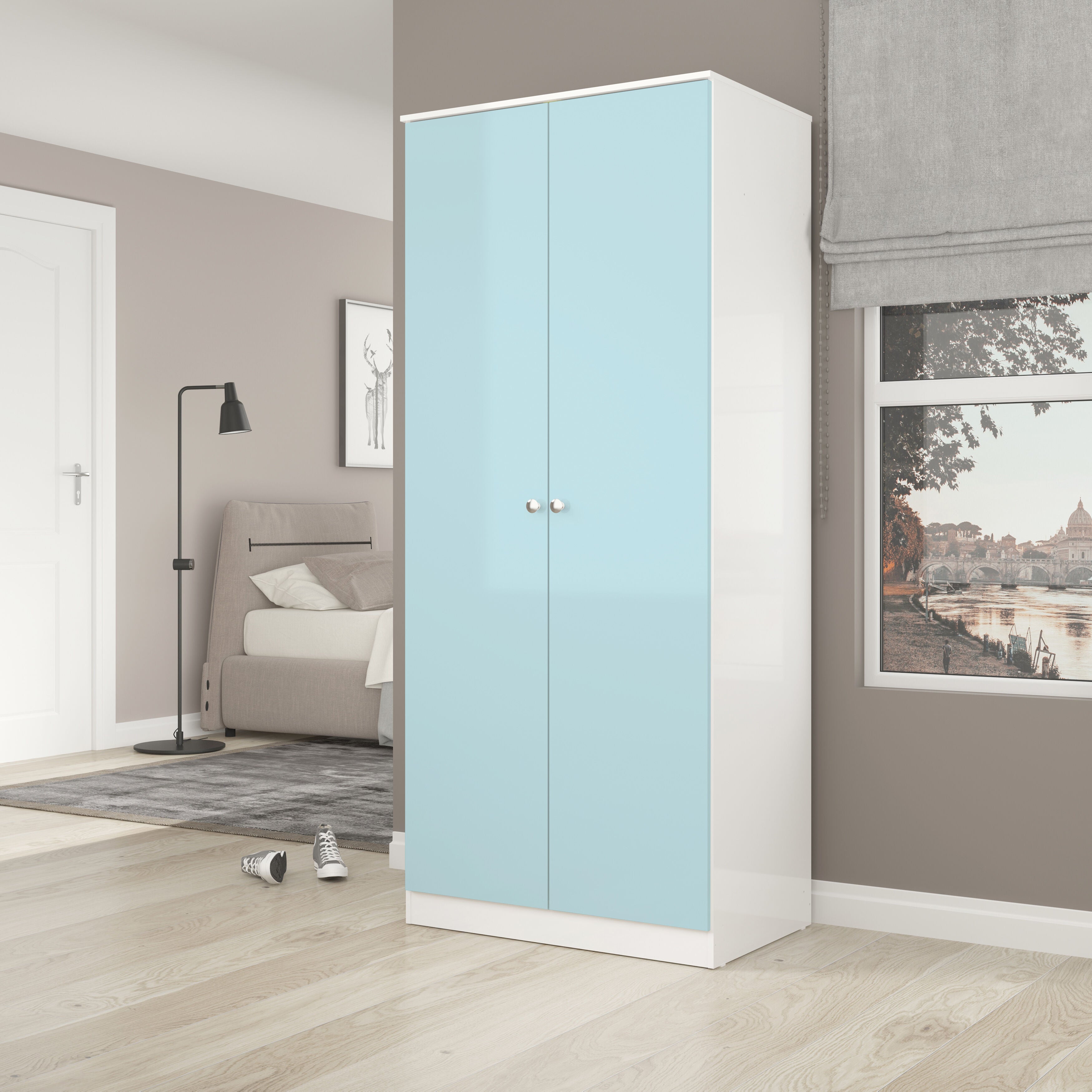 Denver 2 Door Wardrobe - White/Blue Gloss
