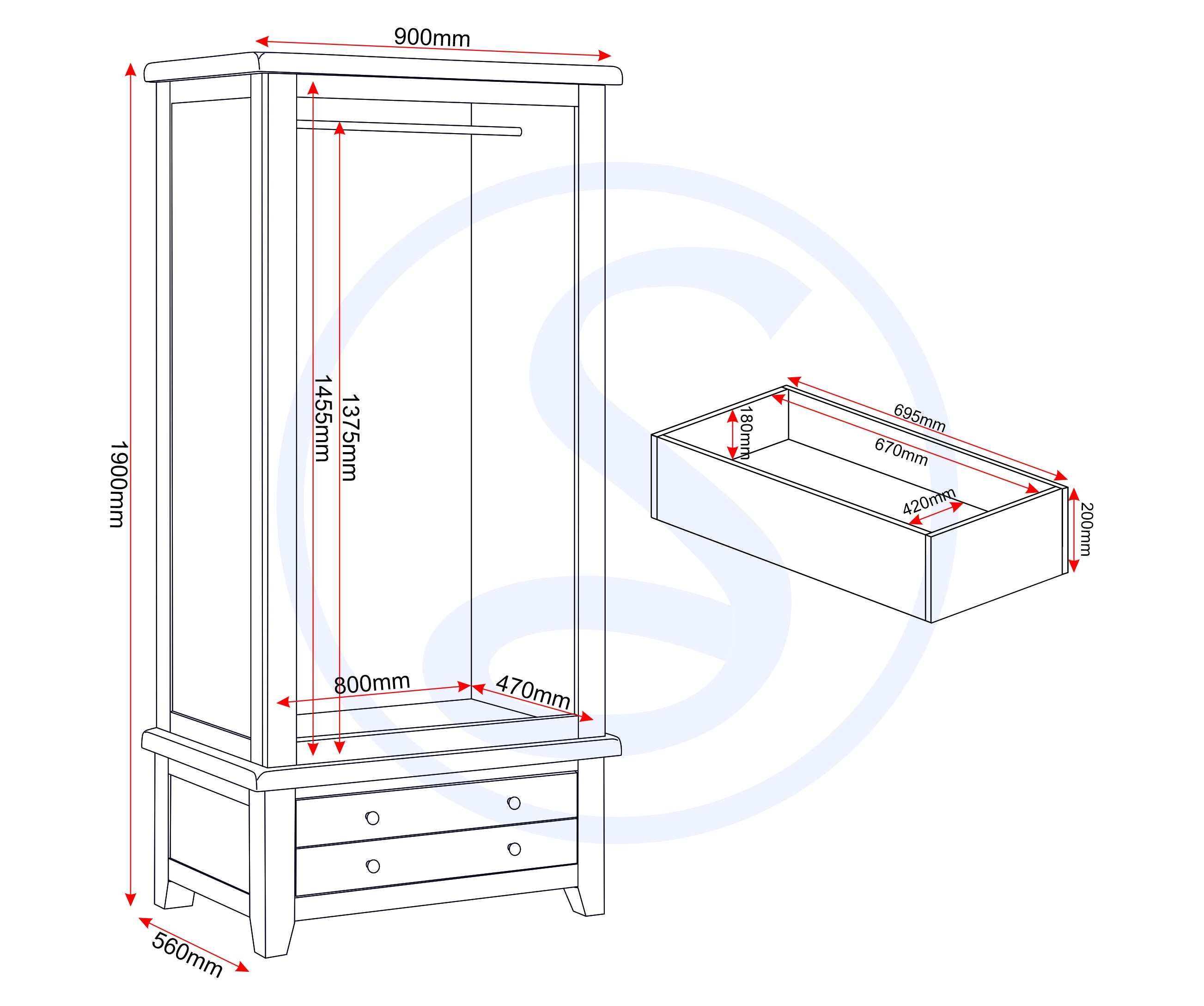 Windsor 2 Door 1 Drawer Wardrobe - Pebble Grey/Oak