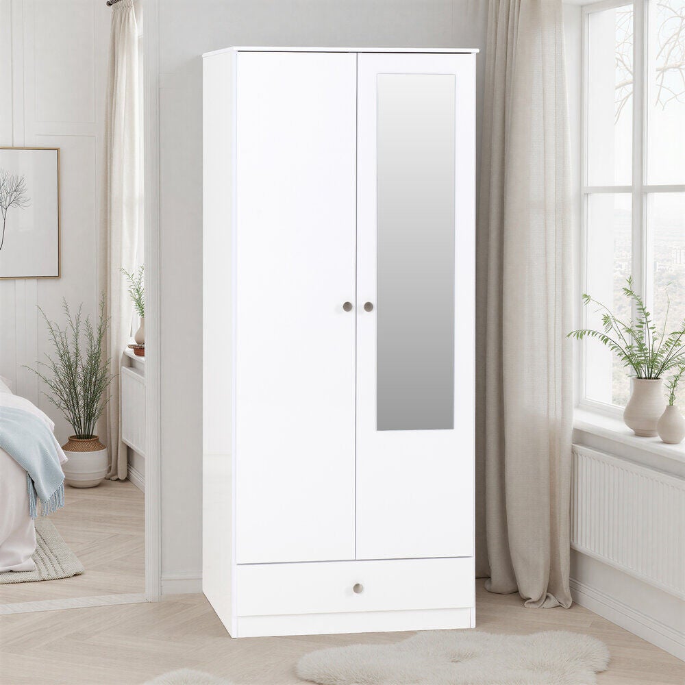 Denver 2 Door 1 Drawer Mirrored Wardrobe - White Gloss
