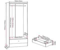Denver 2 Door 1 Drawer Mirrored Wardrobe - White Gloss