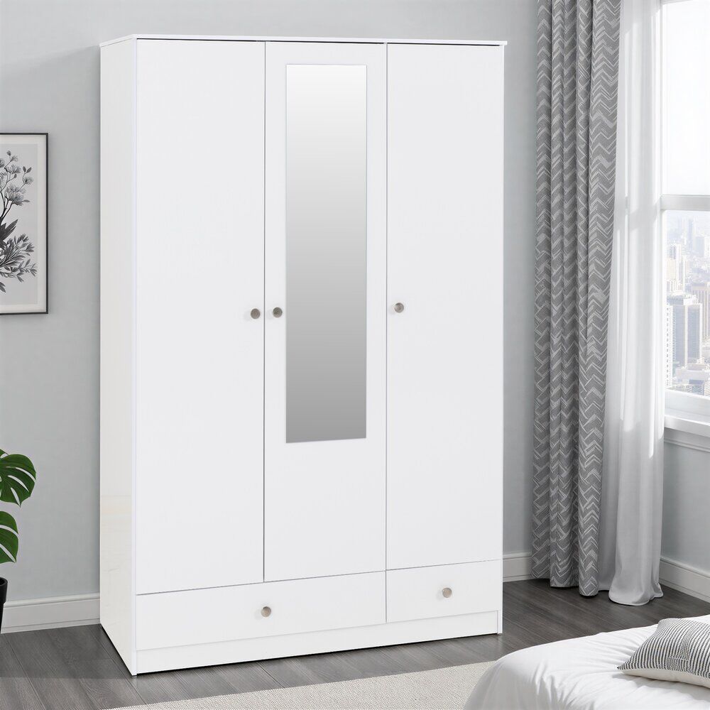 Denver 3 Door 2 Drawer Mirrored Wardrobe - White Gloss