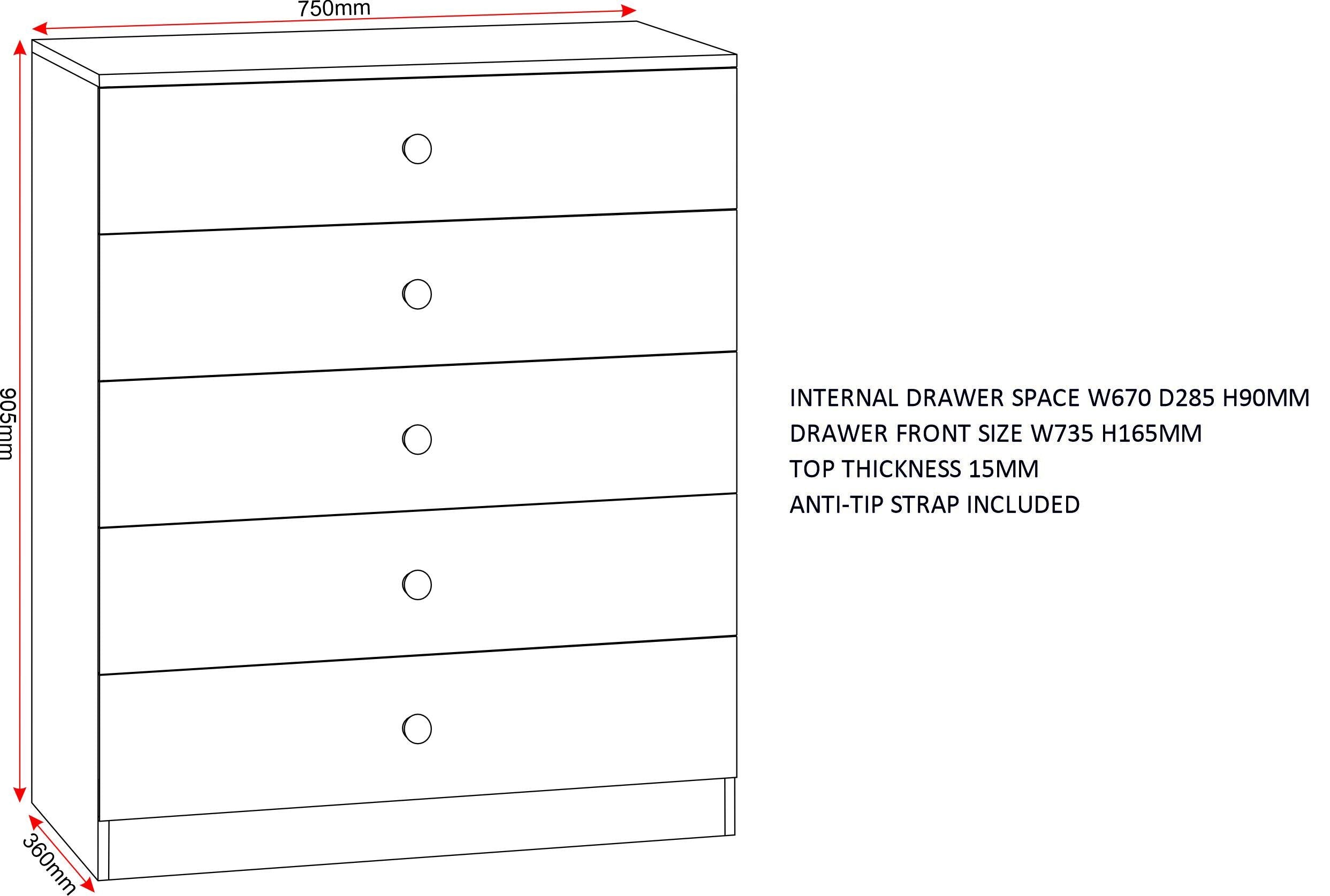 Denver 5 Drawer Chest - White Gloss