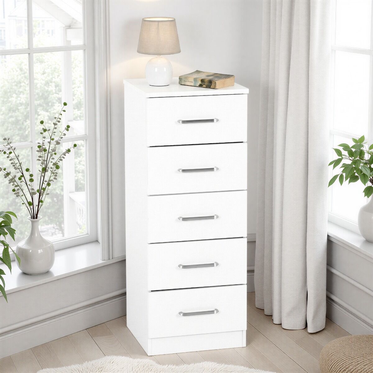 Dakota 5 Drawer Narrow Chest - White