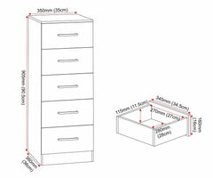 Dakota 5 Drawer Narrow Chest - White