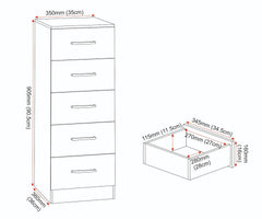 Dakota 5 Drawer Narrow Chest - Light Grey