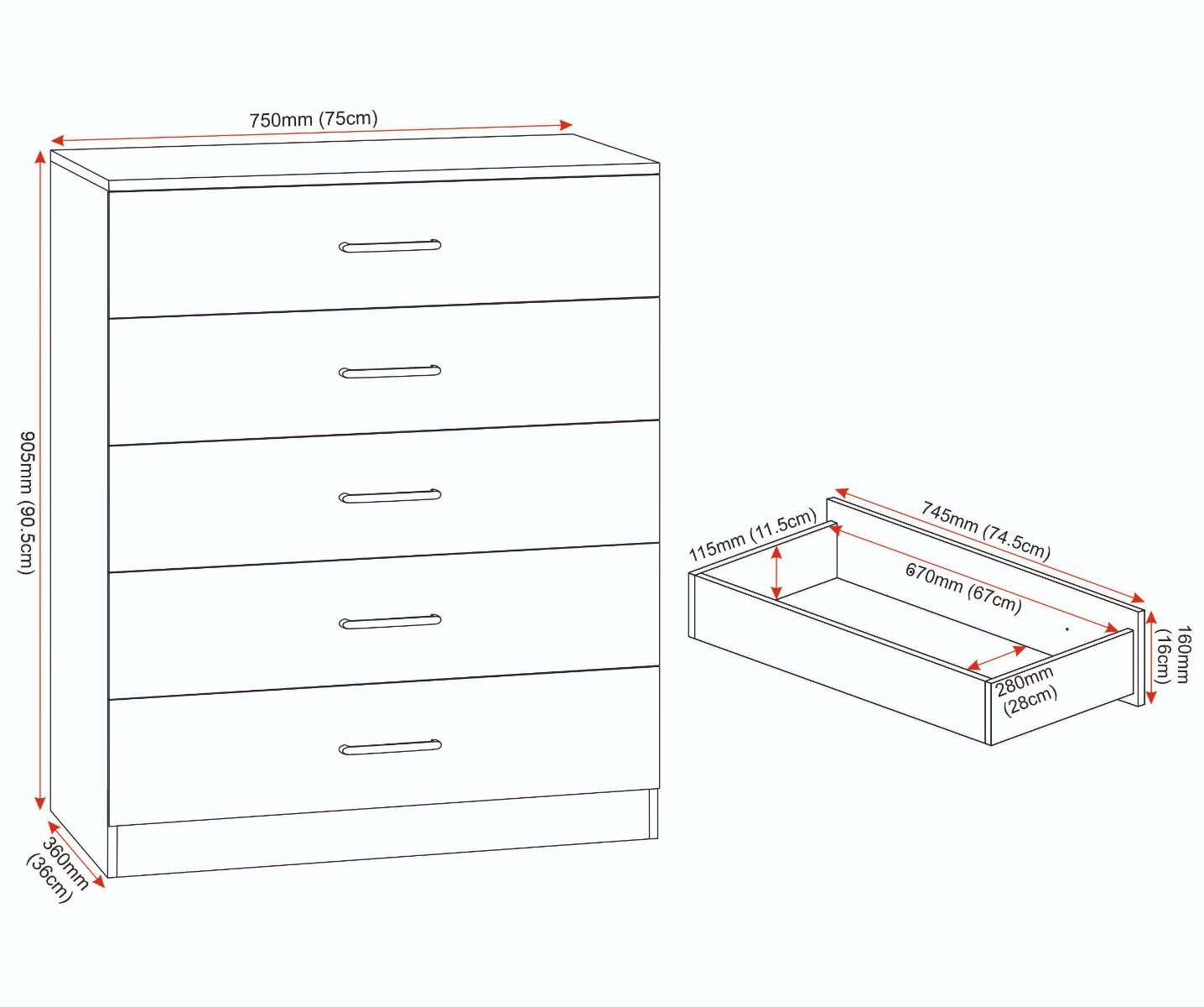Dakota 5 Drawer Chest - Dark Grey