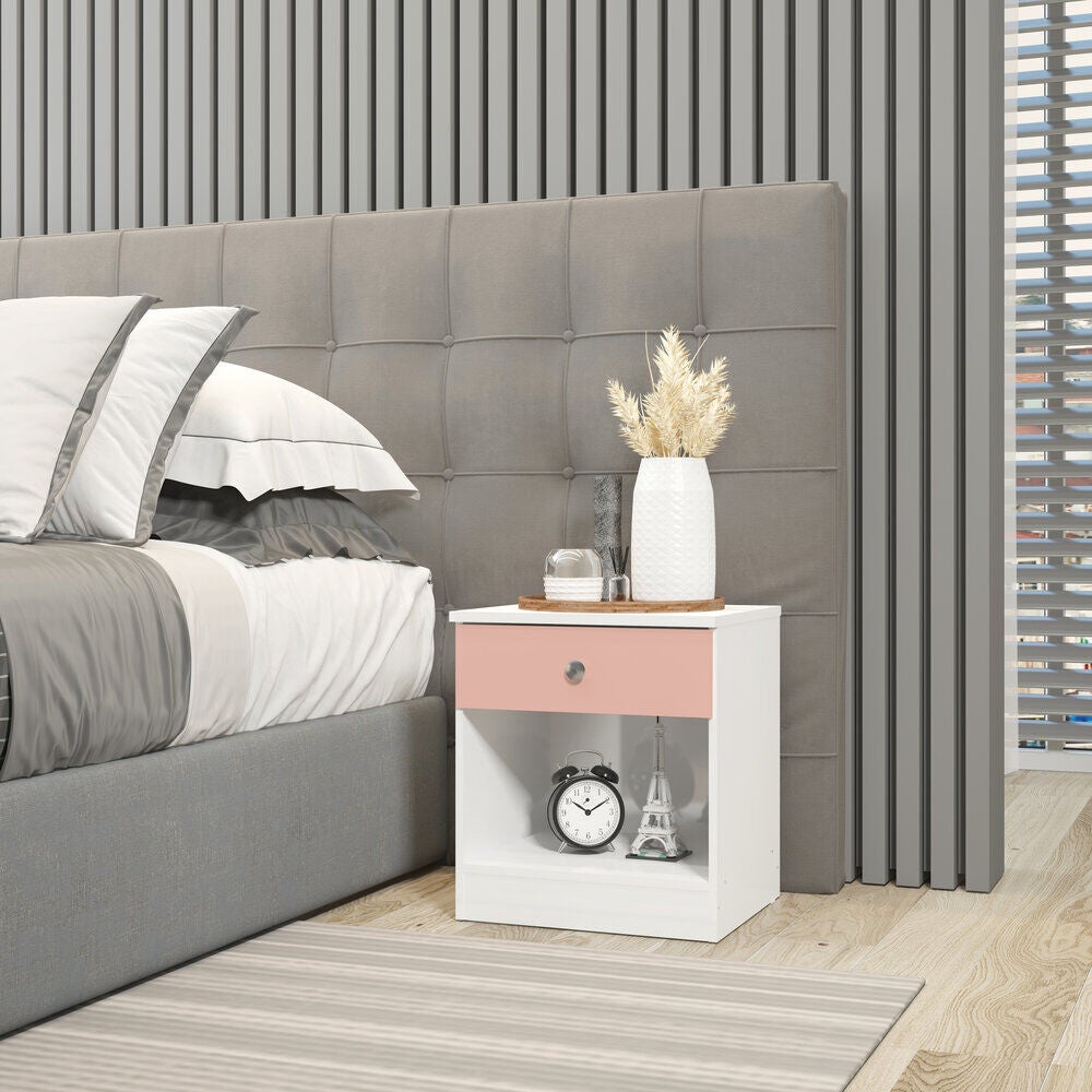 Denver 1 Drawer Bedside - White/Pink Gloss