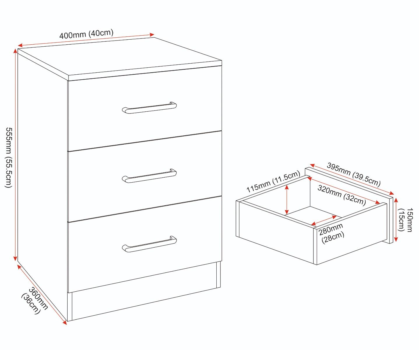 Dakota 3 Drawer Bedside - Light Grey