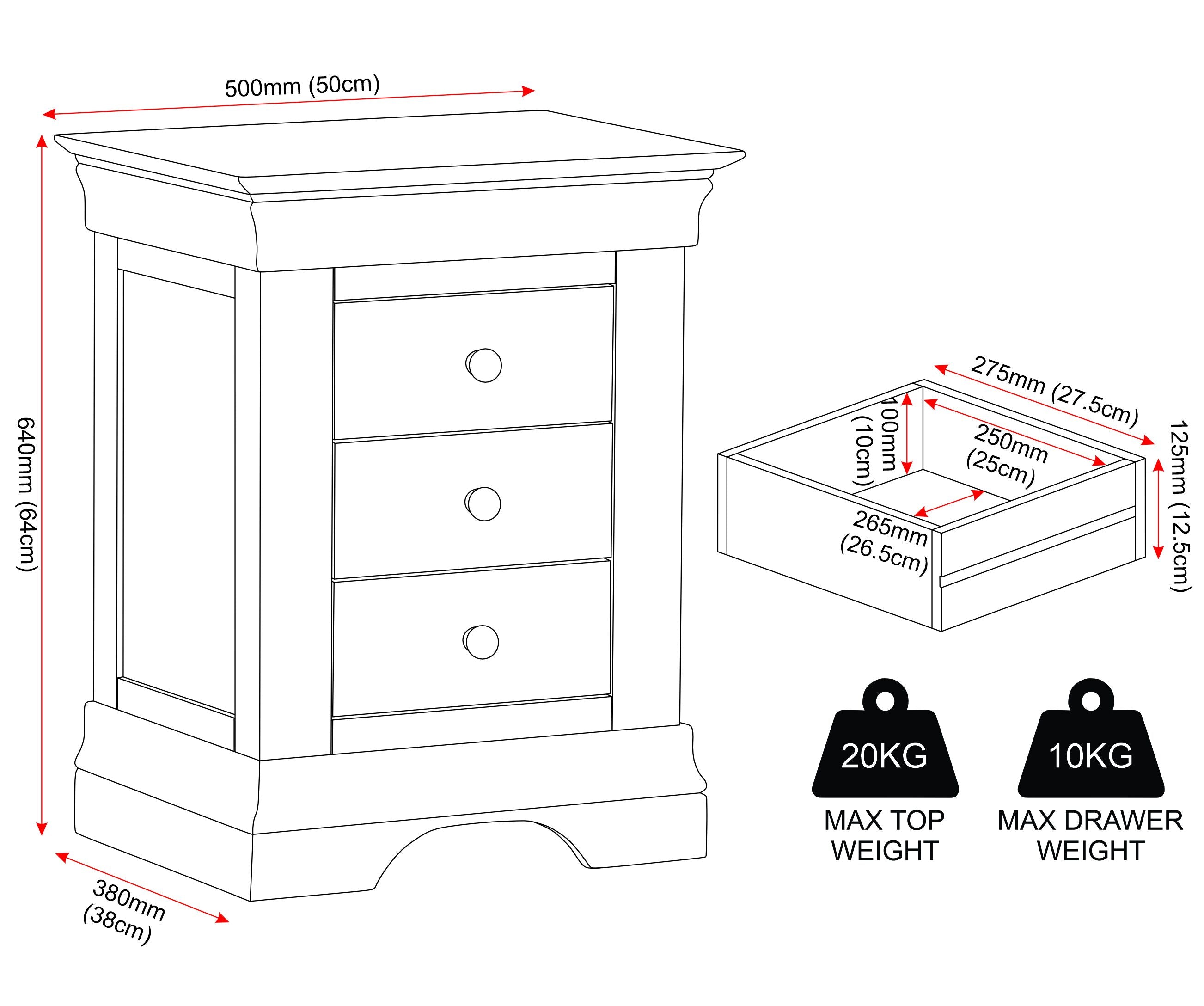 Bordeaux 3 Drawer Bedside - Pebble Grey