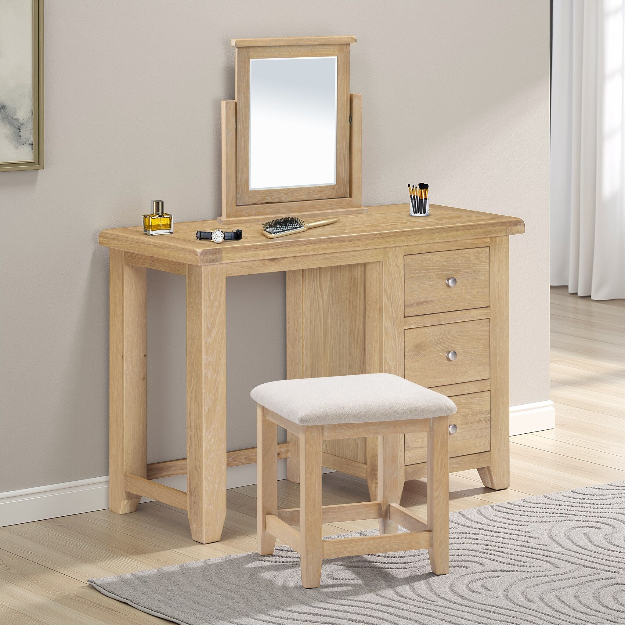 Windsor 3 Drawer Dressing Table Set - Natural Oak/Oat Fabric