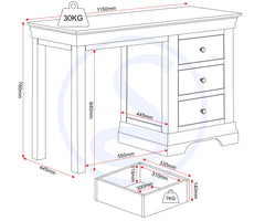 Bordeaux 3 Drawer Dressing Table Set - Pebble Grey/Oat Fabric