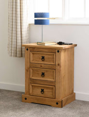 CORONA 3 DRAWER BEDSIDE - DISTRESSED WAXED PINE
