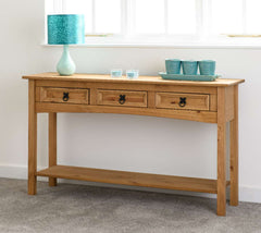 CORONA 3 DRAWER CONSOLE TABLE WITH SHELF - DISTRESSED WAXED PINE
