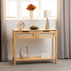 CORONA RATTAN 2 DRAWER CONSOLE TABLE - DISTRESSED WAX PINE/RATTAN EFFECT