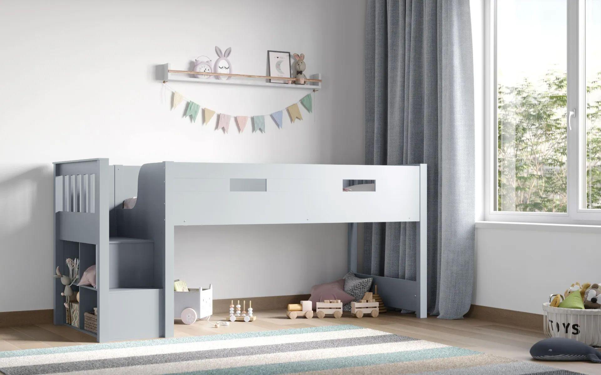Charlie Midsleeper Steps Bunk Bed Frame in Grey - Complete Comfort Beds