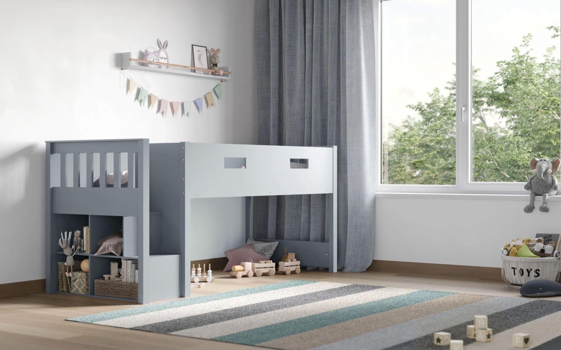 Charlie Midsleeper Steps Bunk Bed Frame in Grey - Complete Comfort Beds