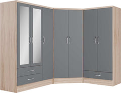 NEVADA 2 DOOR CORNER WARDROBE - GREY GLOSS/LIGHT OAK EFFECT VENEER