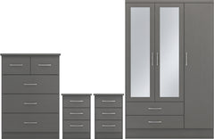 NEVADA 3 DOOR 2 DRAWER MIRRORED WARDROBE BEDROOM SET - 3D EFFECT GREY