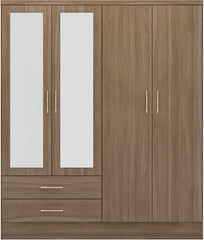 NEVADA 4 DOOR 2 DRAWER MIRRORED WARDROBE - RUSTIC OAK EFFECT