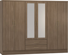 NEVADA 6 DOOR 2 DRAWER MIRRORED WARDROBE - RUSTIC OAK EFFECT