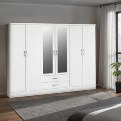 NEVADA 6 DOOR 2 DRAWER MIRRORED WARDROBE - WHITE GLOSS