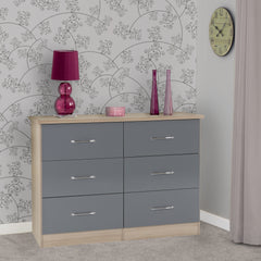 NEVADA 6 DRAWER CHEST - GREY GLOSS/LIGHT OAK EFFECT VENEER