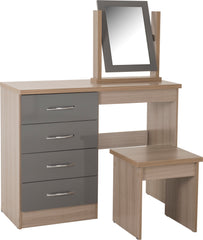 NEVADA 4 DRAWER DRESSING TABLE SET - GREY GLOSS/LIGHT OAK EFFECT VENEER
