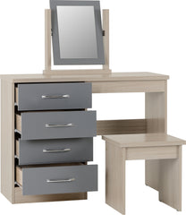 NEVADA 4 DRAWER DRESSING TABLE SET - GREY GLOSS/LIGHT OAK EFFECT VENEER