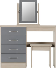 NEVADA 4 DRAWER DRESSING TABLE SET - GREY GLOSS/LIGHT OAK EFFECT VENEER