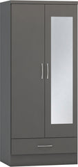 NEVADA MIRRORED 2 DOOR 1 DRAWER WARDROBE - 3D EFFECT GREY