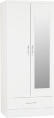 NEVADA MIRRORED 2 DOOR 1 DRAWER WARDROBE - WHITE GLOSS