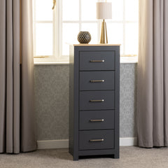 PORTLAND 5 DRAWER NARROW CHEST - GREY/OAK EFFECT