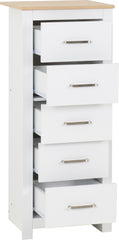 PORTLAND 5 DRAWER NARROW CHEST - WHITE/OAK EFFECT