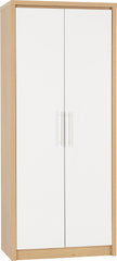 SEVILLE 2 DOOR WARDROBE - WHITE HIGH GLOSS/LIGHT OAK EFFECT VENEER