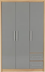 SEVILLE 3 DOOR 2 DRAWER WARDROBE - GREY HIGH GLOSS/LIGHT OAK EFFECT VENEER
