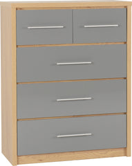 SEVILLE 3+2 DRAWER CHEST - GREY HIGH GLOSS/LIGHT OAK EFFECT VENEER