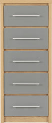 SEVILLE 5 DRAWER NARROW CHEST - GREY HIGH GLOSS/LIGHT OAK EFFECT VENEER