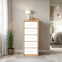 SEVILLE 5 DRAWER NARROW CHEST - WHITE HIGH GLOSS/LIGHT OAK EFFECT VENEER