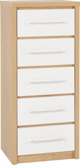 SEVILLE 5 DRAWER NARROW CHEST - WHITE HIGH GLOSS/LIGHT OAK EFFECT VENEER