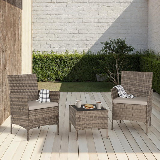 WILLOW 3 PIECE GARDEN SET - GREY RATTAN/GREY FABRIC/BLACK GLASS