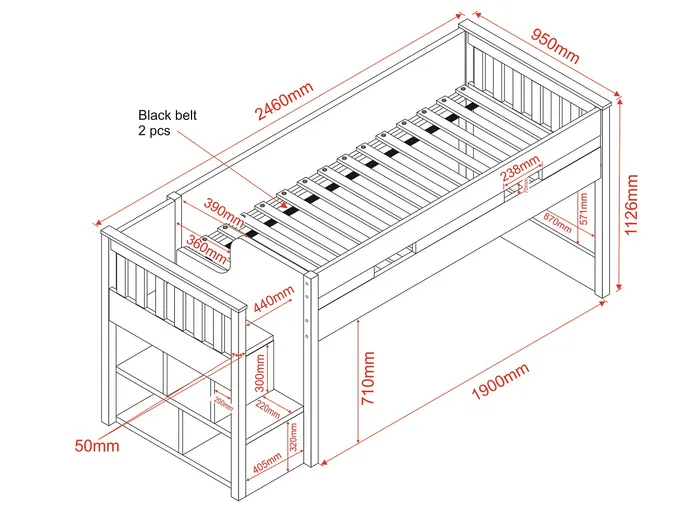 Charlie Midsleeper Steps Bunk Bed Frame in Grey - Complete Comfort Beds