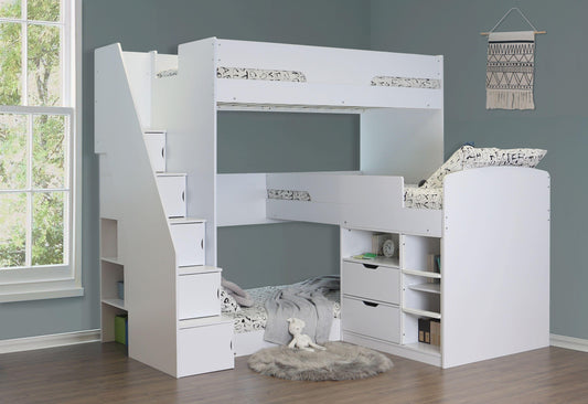 Flair Oscar Staircase Triple Bunk Bed White With Storage - Complete Comfort Beds