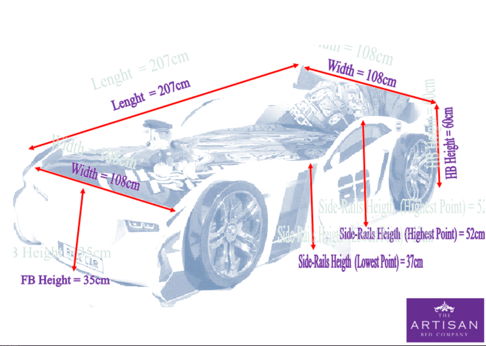 Turbo Kids White Single Car Bed Frame Size