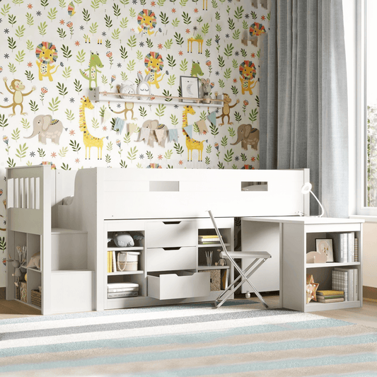 Charlie Midsleeper Bunk Bed Frame Storage Steps and Desk White