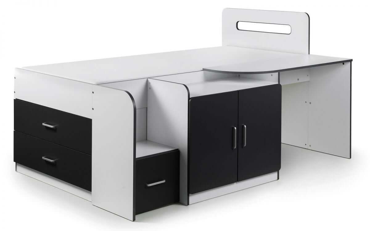 close up storage cabin bed black and white