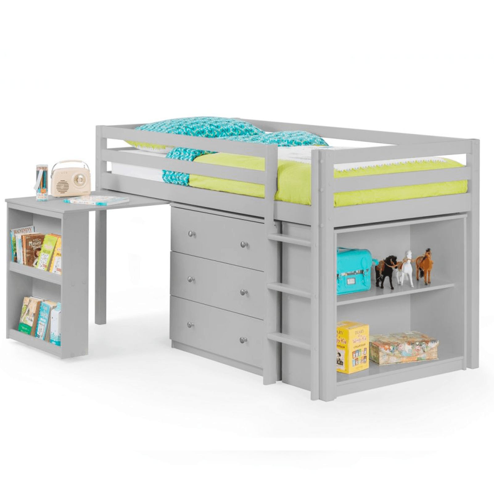 grey wood bunk bed desk