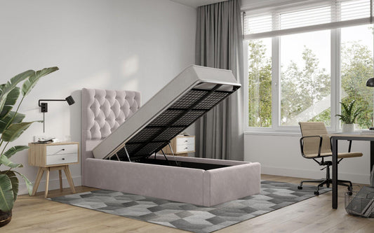 Milan Velvet Single Bed Blush Pink Underbed Storage