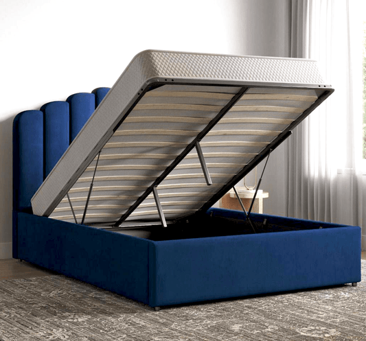 Poseidon Velvet Navy Blue Double Bed Frame Underbed