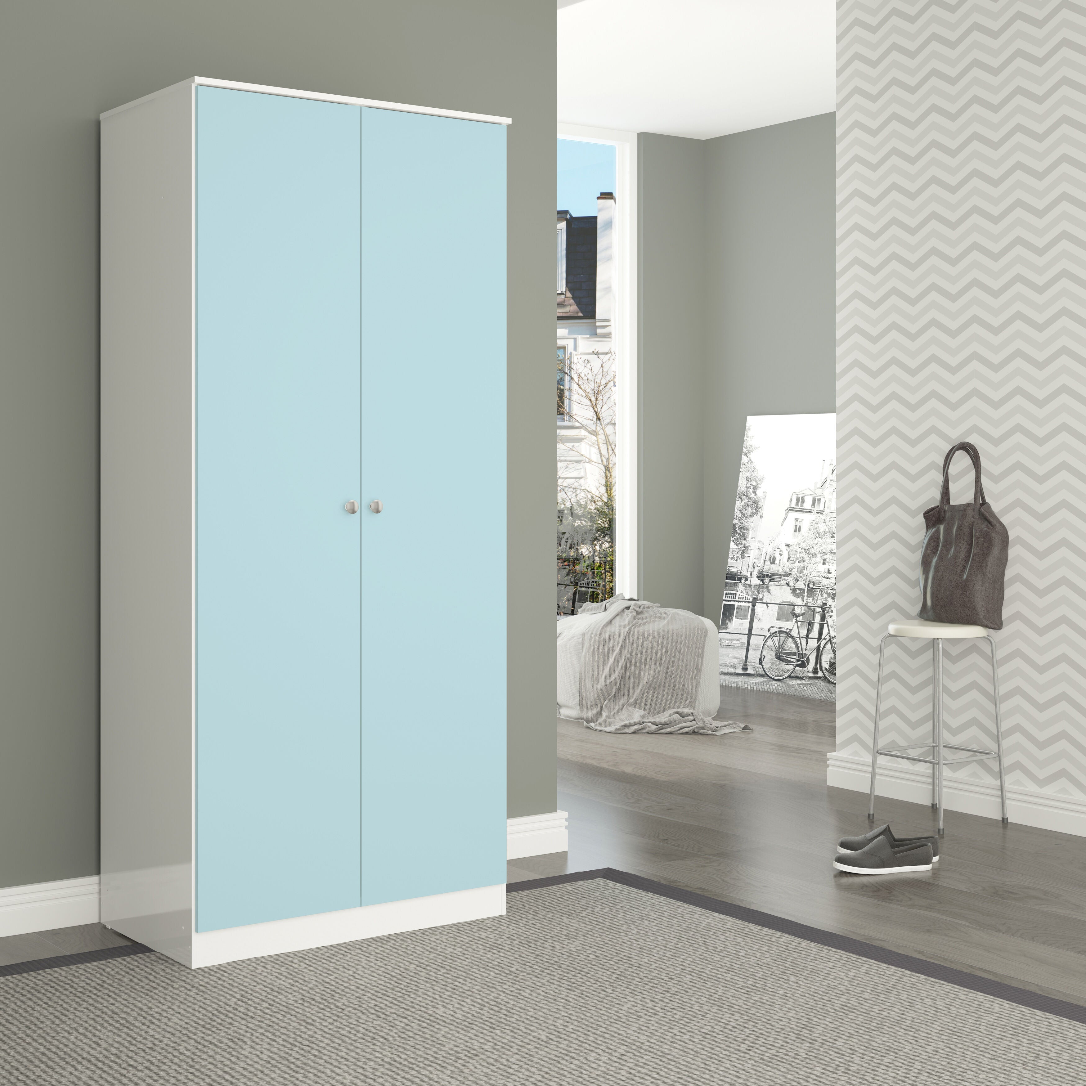 Denver 2 Door Wardrobe - White/Blue Gloss