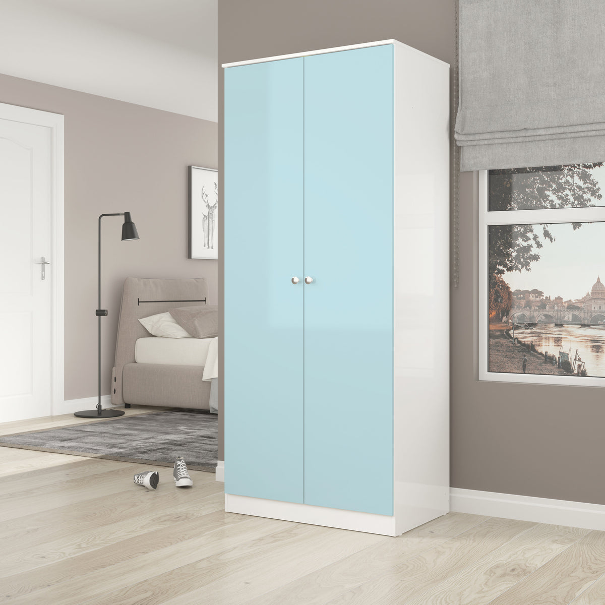 Denver 2 Door Wardrobe - White/Blue Gloss